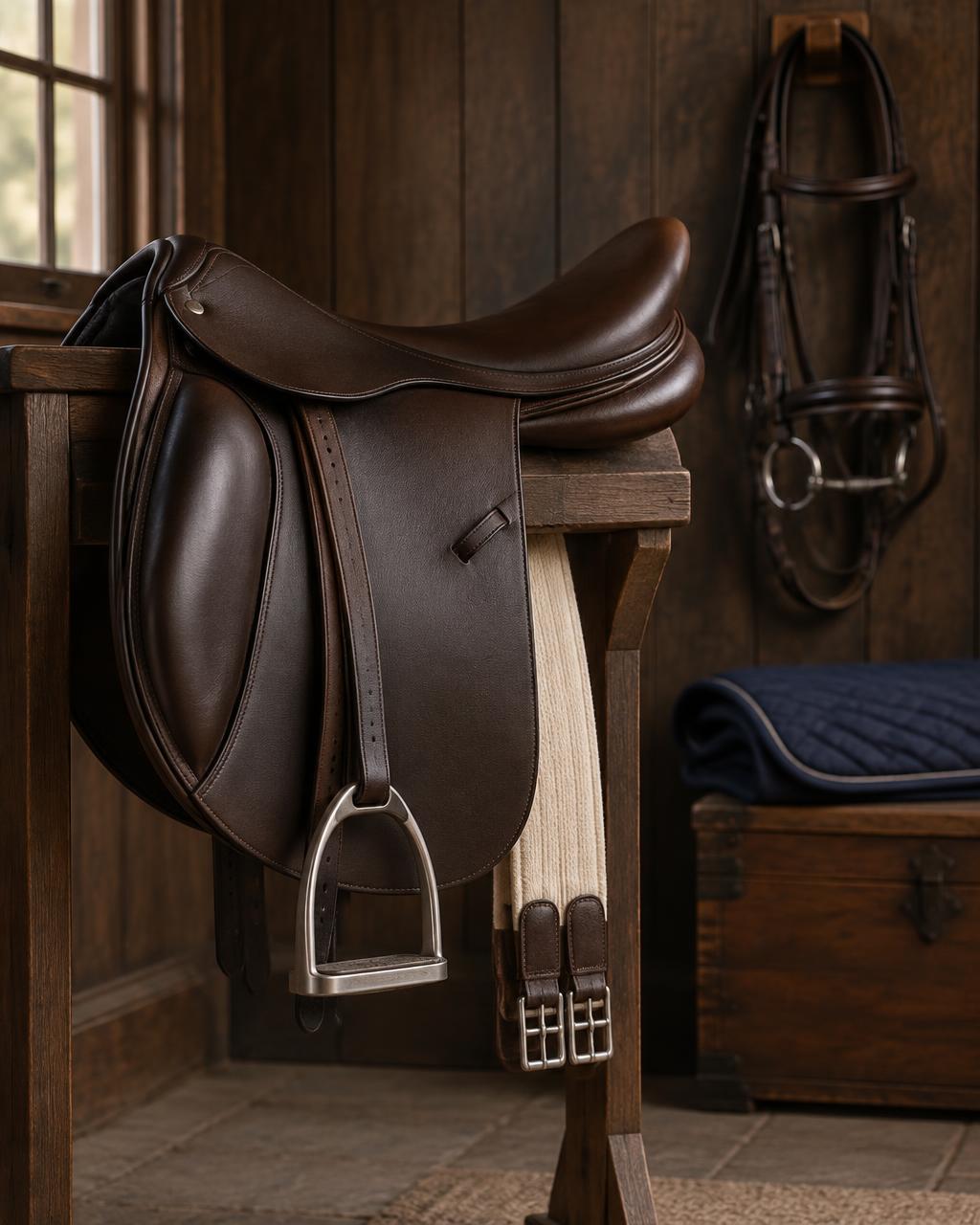 Premium leather saddle and bridle in an elegant stable