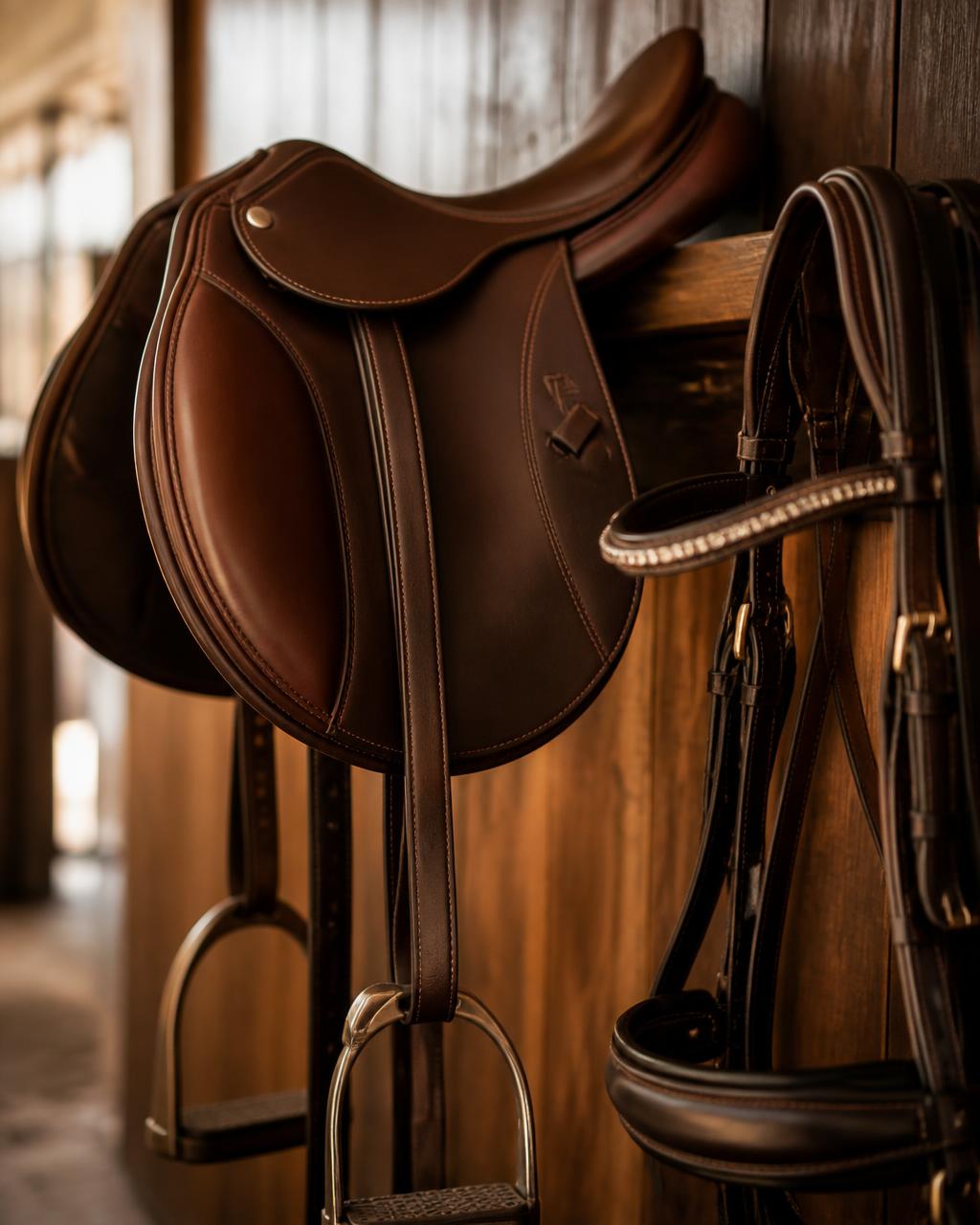 Premium leather saddle and bridle in an elegant stable