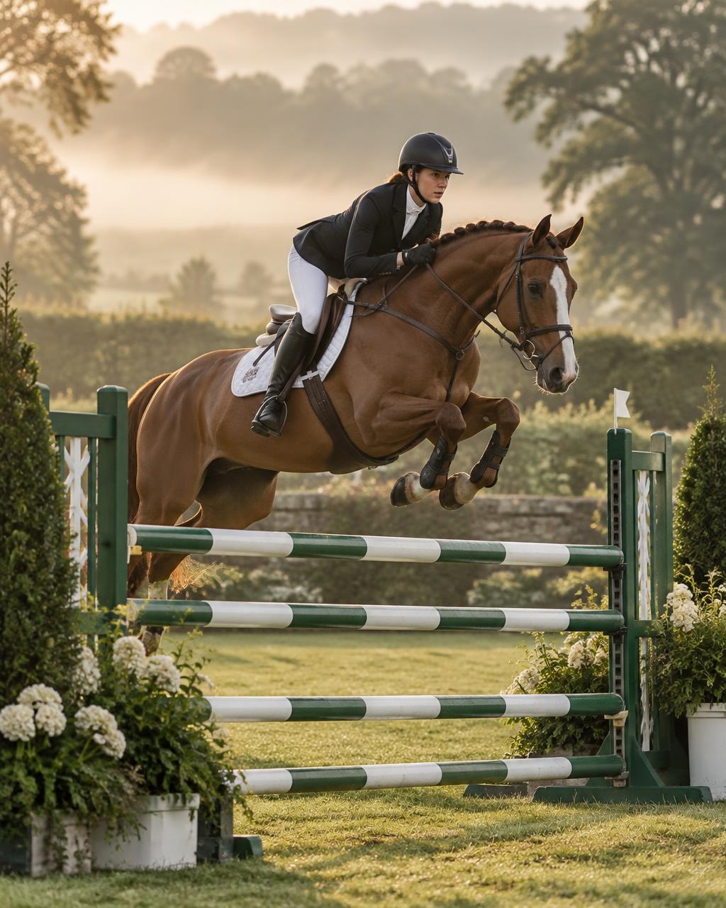 An English rider in a show jacket and helmet on a horse clearing a green and white jump