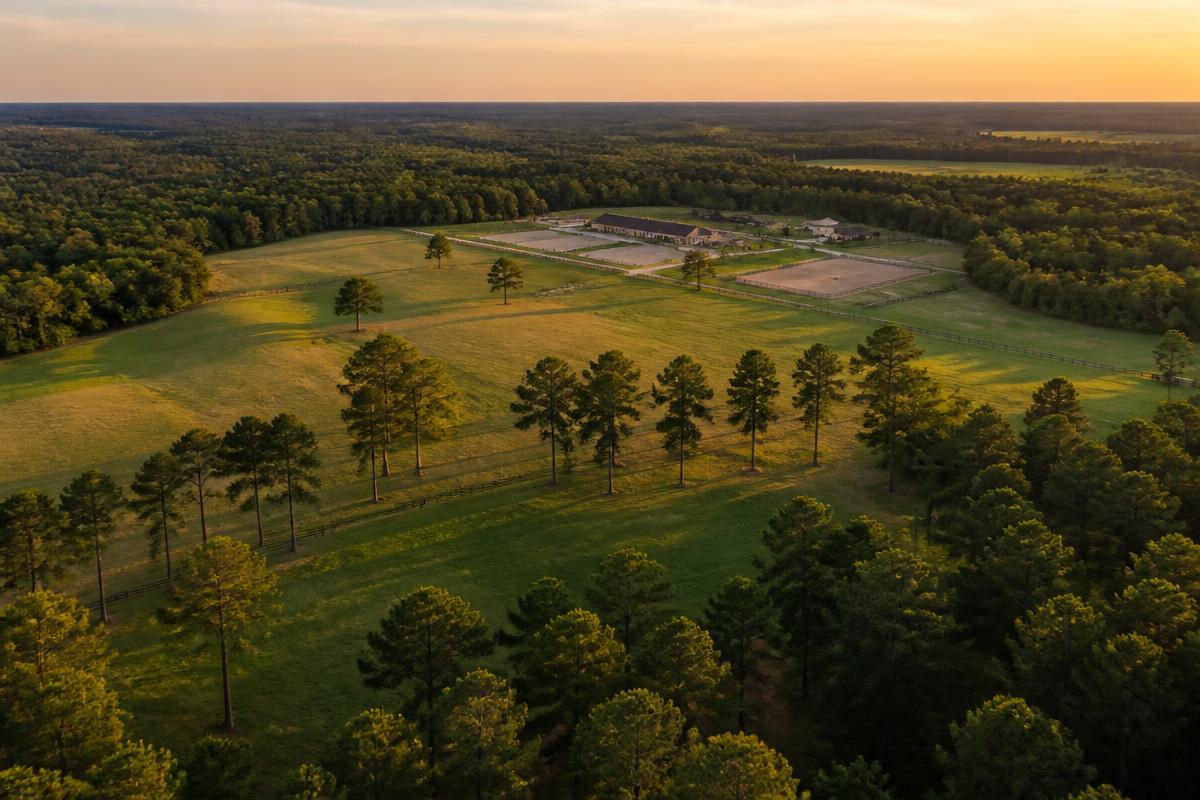 Aerial view of the Sandhills region of North Carolina with rolling pastures and pine forests