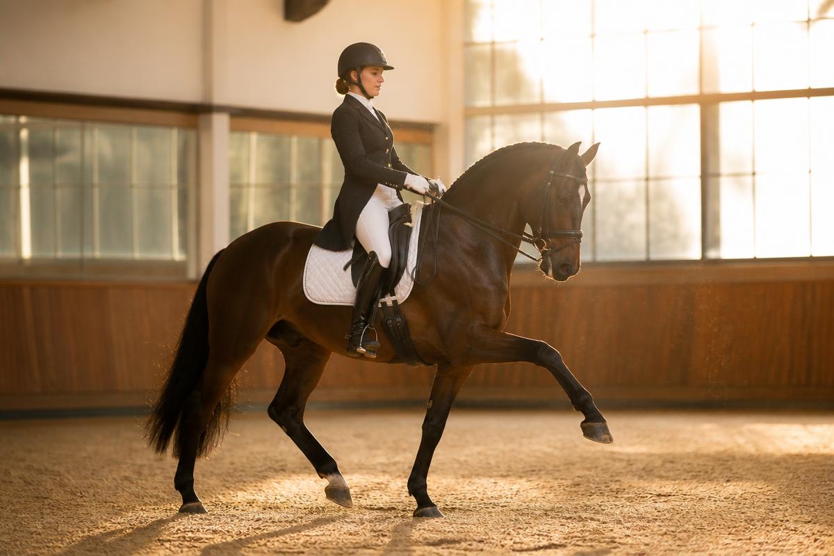 A professional rider training a dressage horse in a sunlit indoor arena