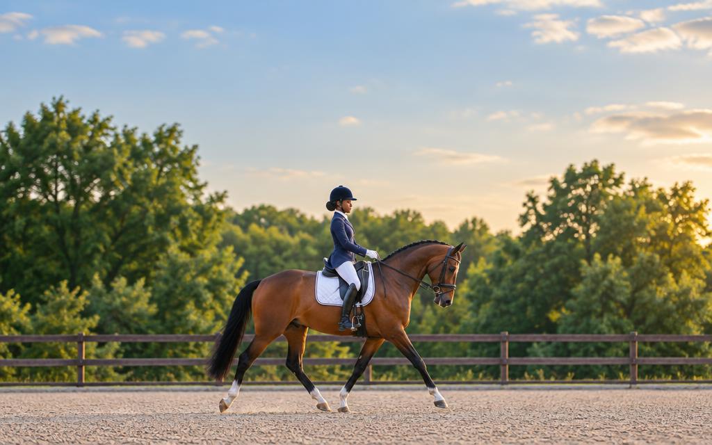 A professional rider training a dressage horse in a sunlit indoor arena