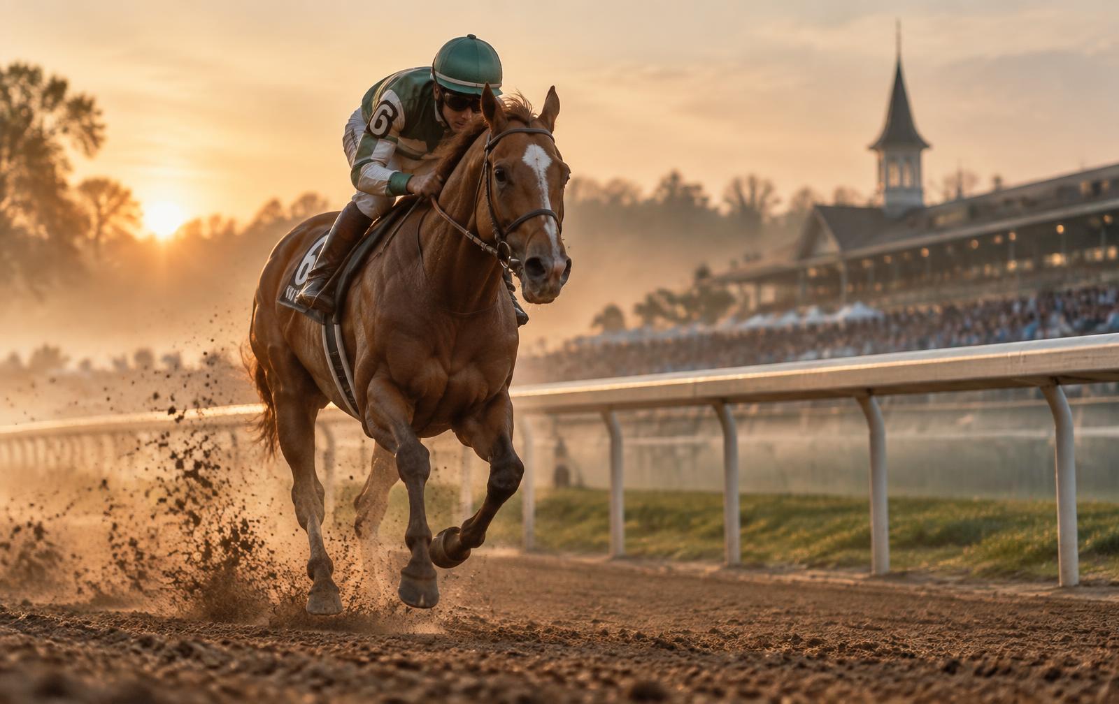 A thoroughbred racehorse and jockey in silks galloping on a dirt track at sunrise