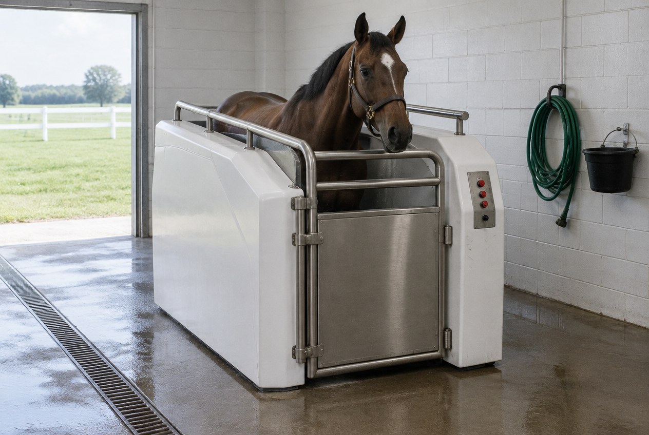 A bay horse inside a white cold saltwater leg spa in the rehabilitation barn
