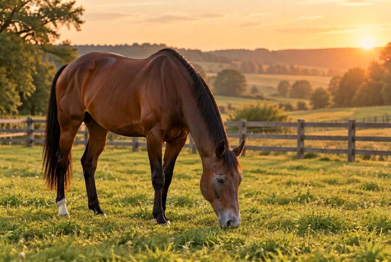 A retired show horse grazing peacefully in a golden pasture