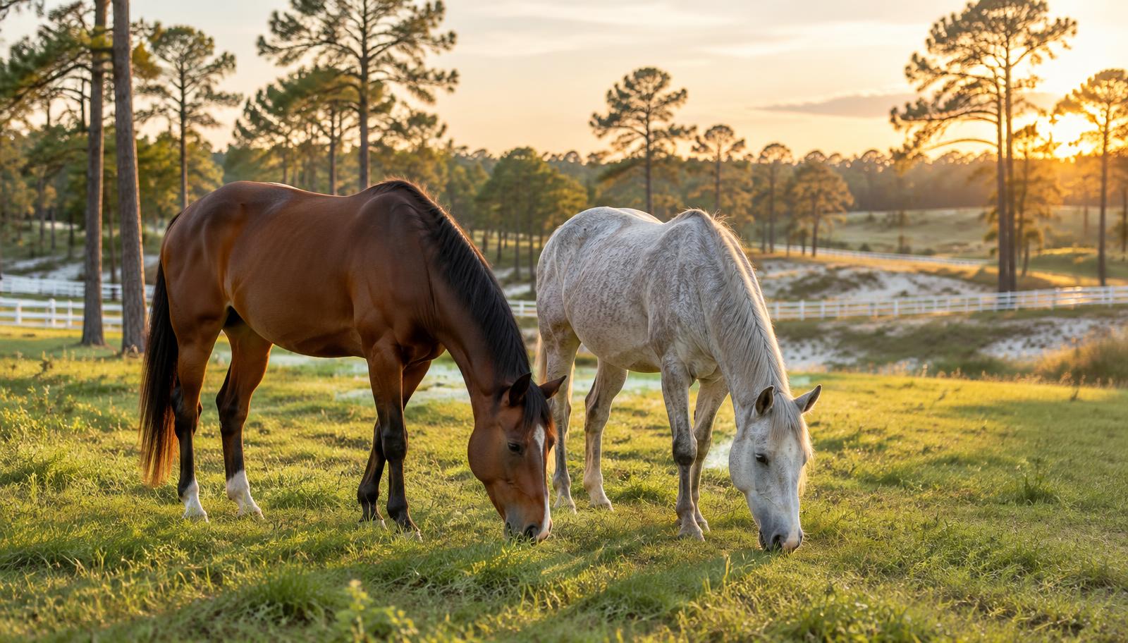 A bay horse and a grey retired horse grazing together in a golden Sandhills pasture