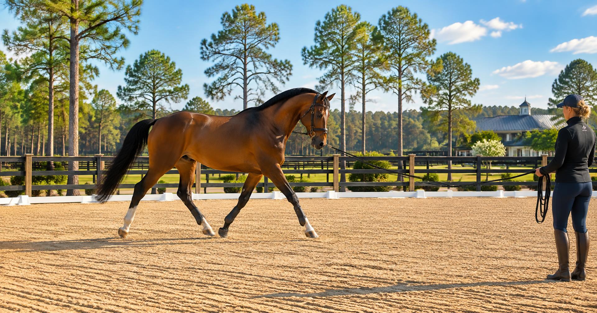 A bay sport horse trotting on a lunge line in a sandy arena ringed by longleaf pines at sunrise in the Sandhills