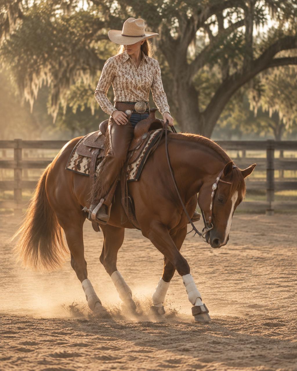 A western rider in a cowboy hat and leather chaps on a reining horse in a sunlit dirt arena